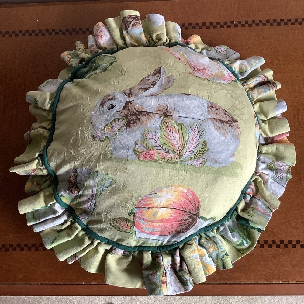 Round Bunny Print Pillow with Ruffled Edges